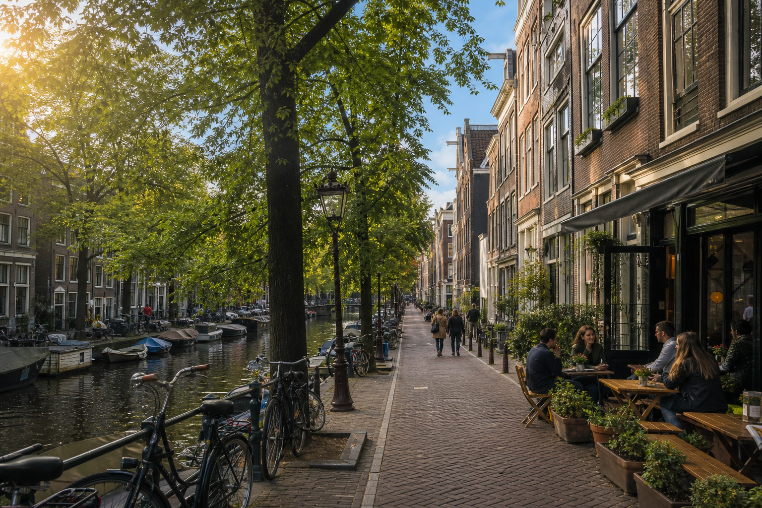Canal-side street and cafe in Amsterdam Jordaan