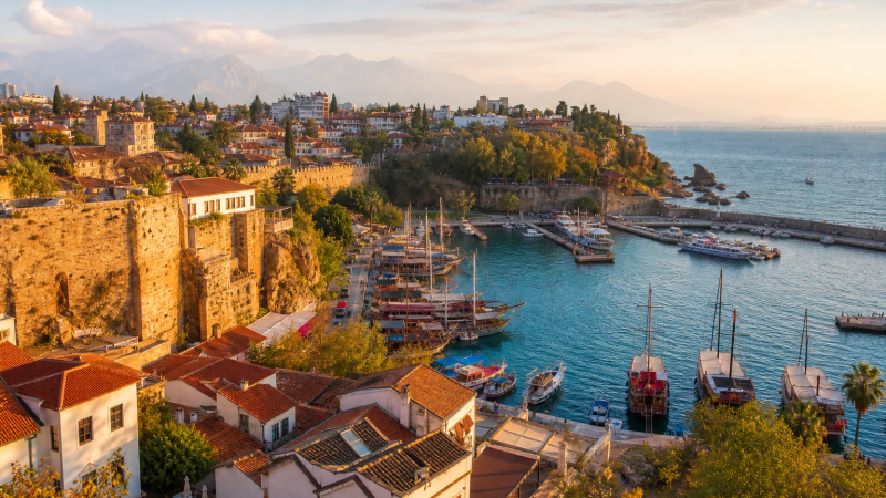 Kaleici old town and historic harbor in Antalya at golden hour