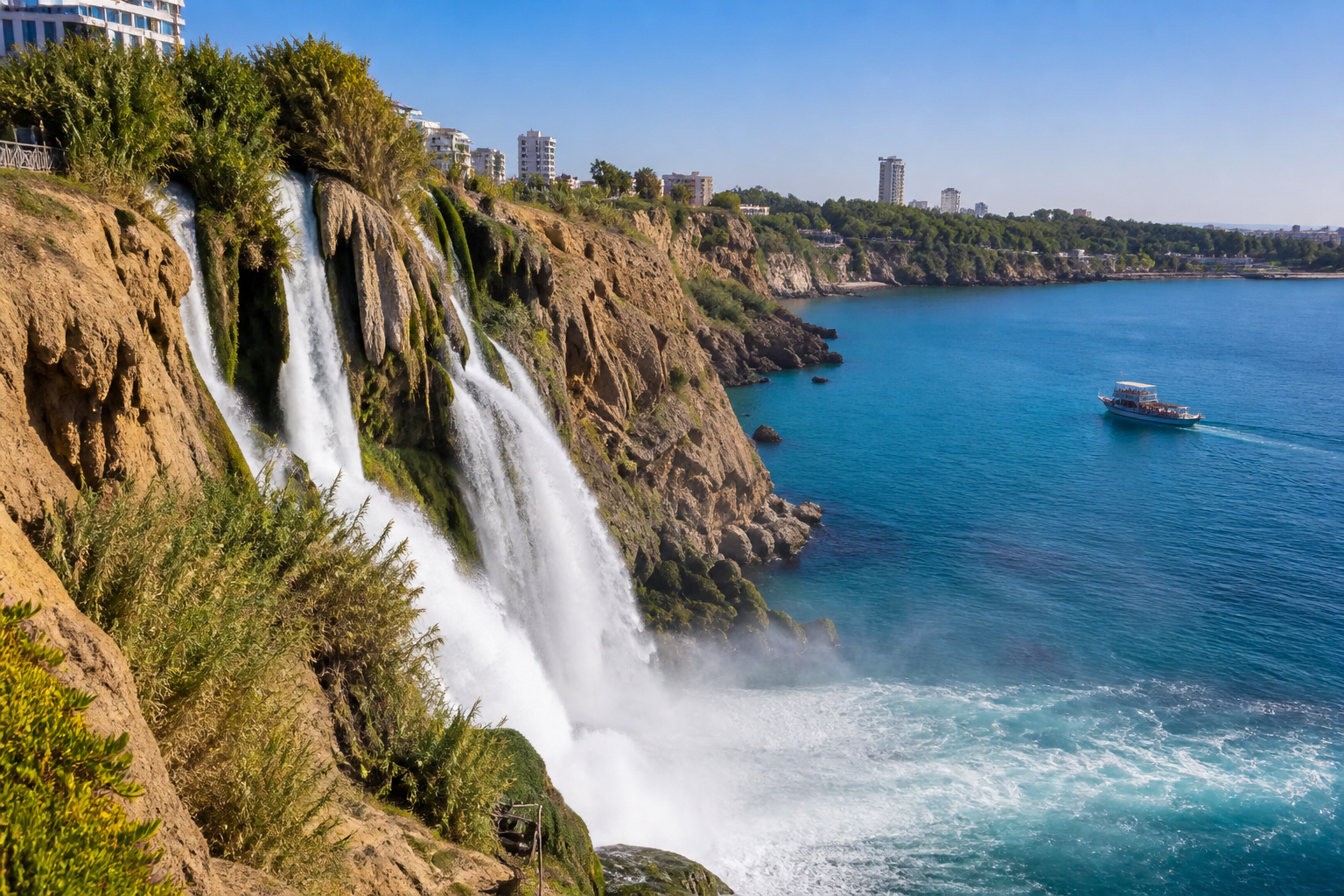Lower Duden Waterfall plunging into the Mediterranean Sea in Antalya
