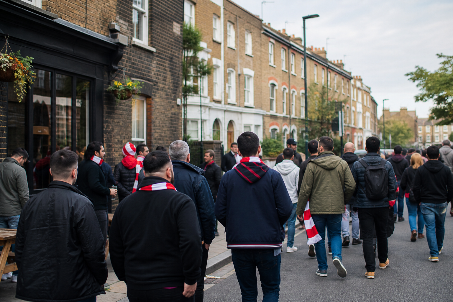 Supporters walking through Islington on matchday