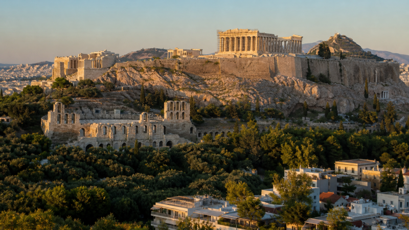 The Acropolis and Parthenon above Athens in morning light
