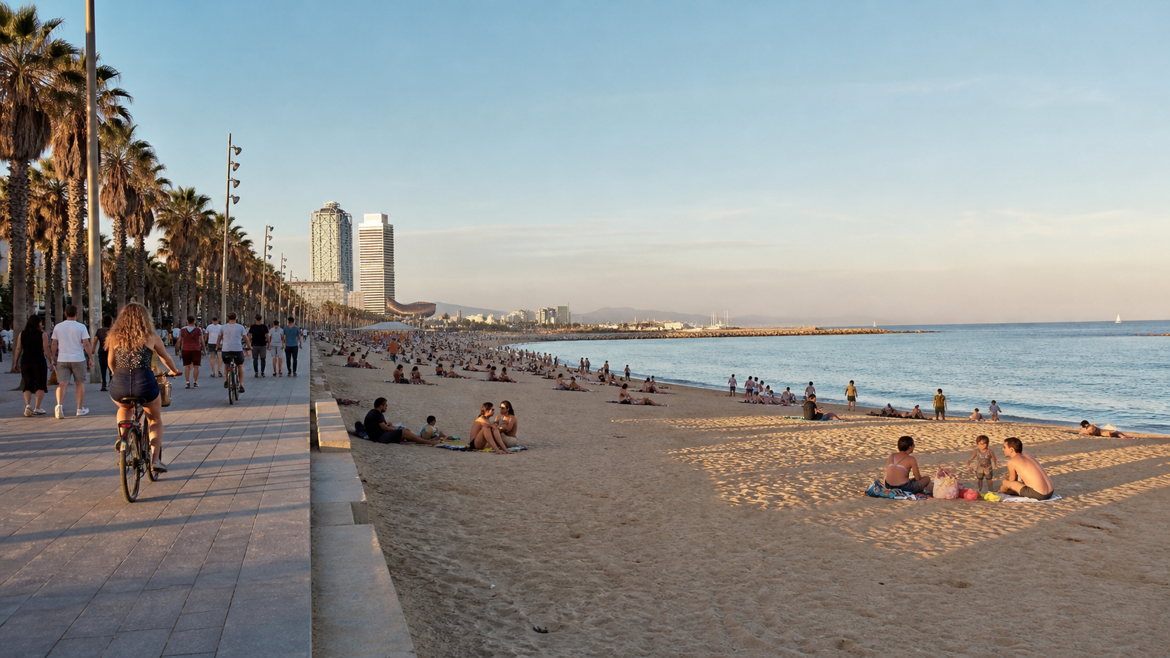 Bogatell Beach and its palm-lined promenade in Barcelona