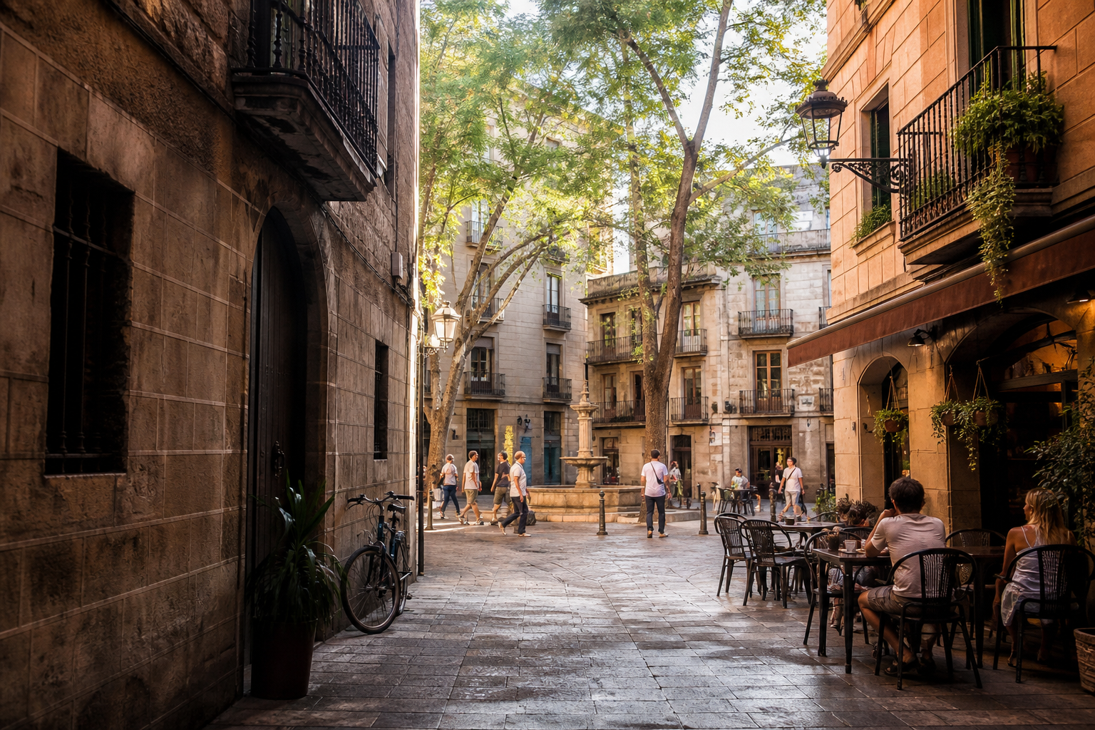 Historic lane and cafe terrace in Barcelona Gothic Quarter