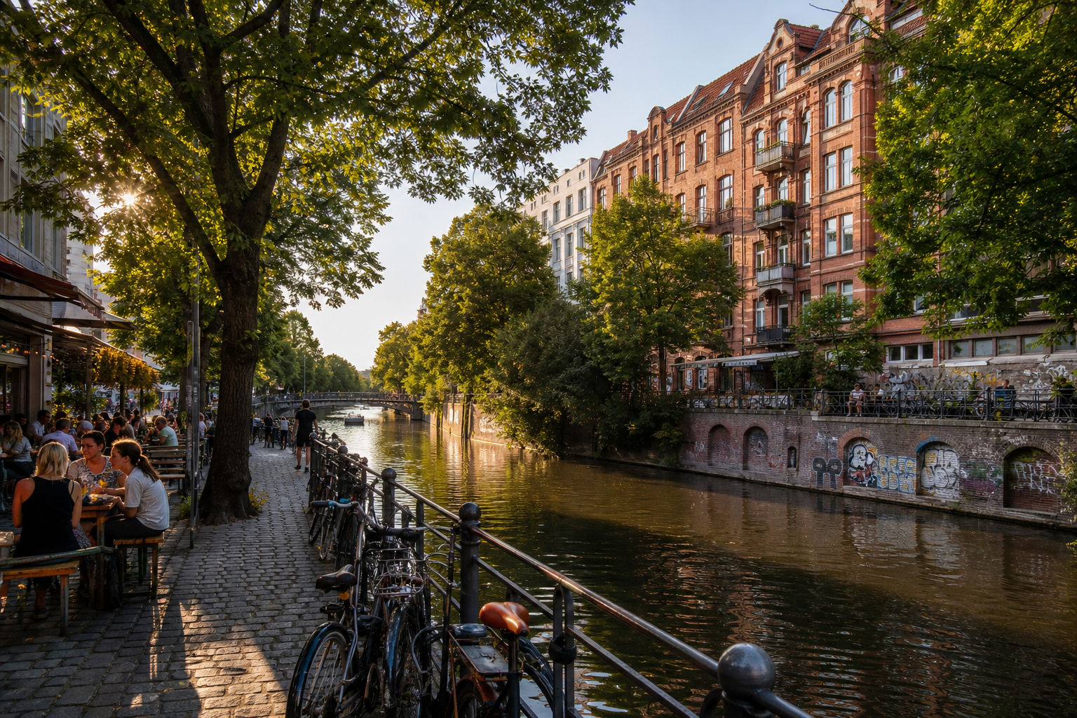 Canal-side neighborhood scene in Kreuzberg, Berlin