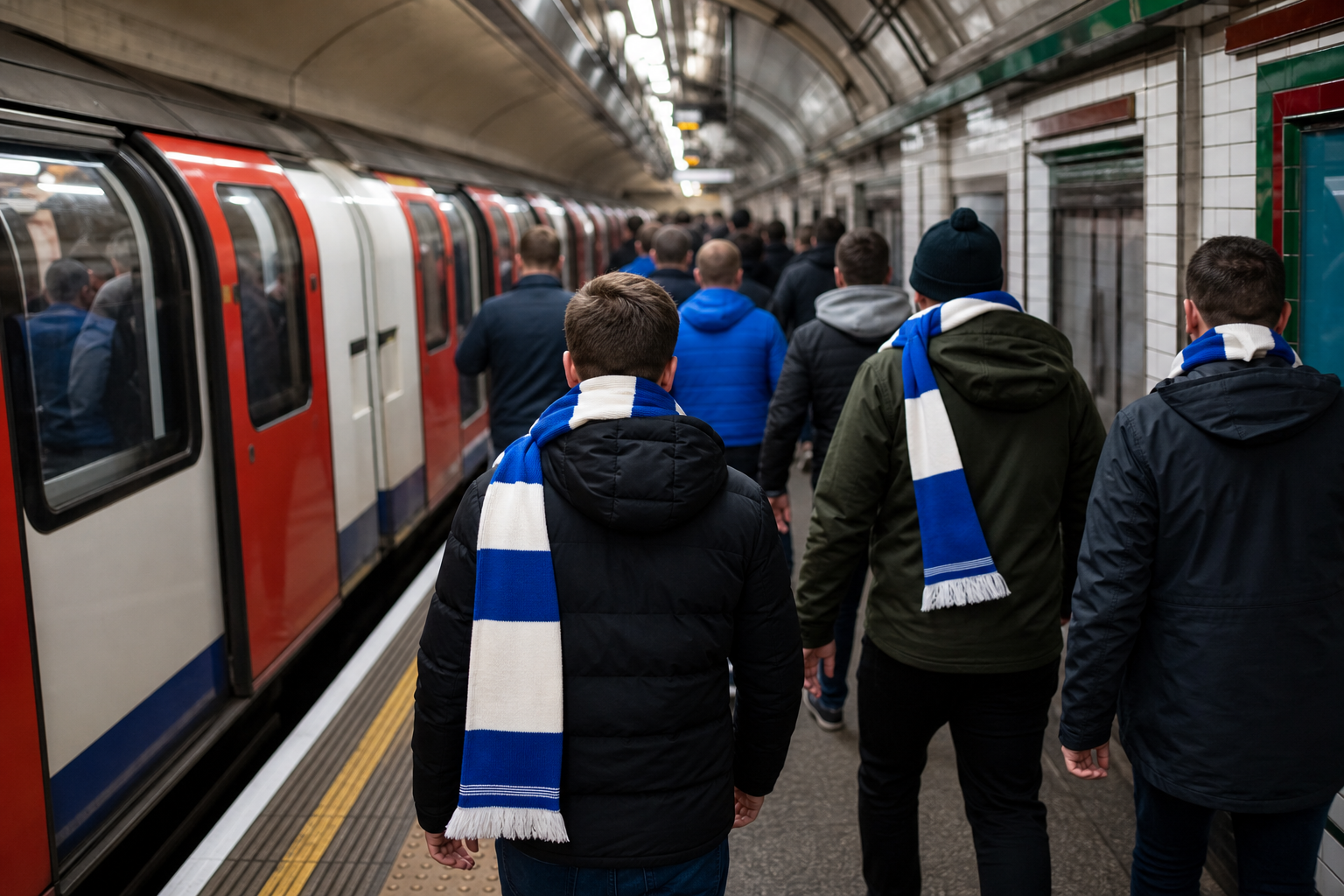 Football supporters travelling on the London Underground