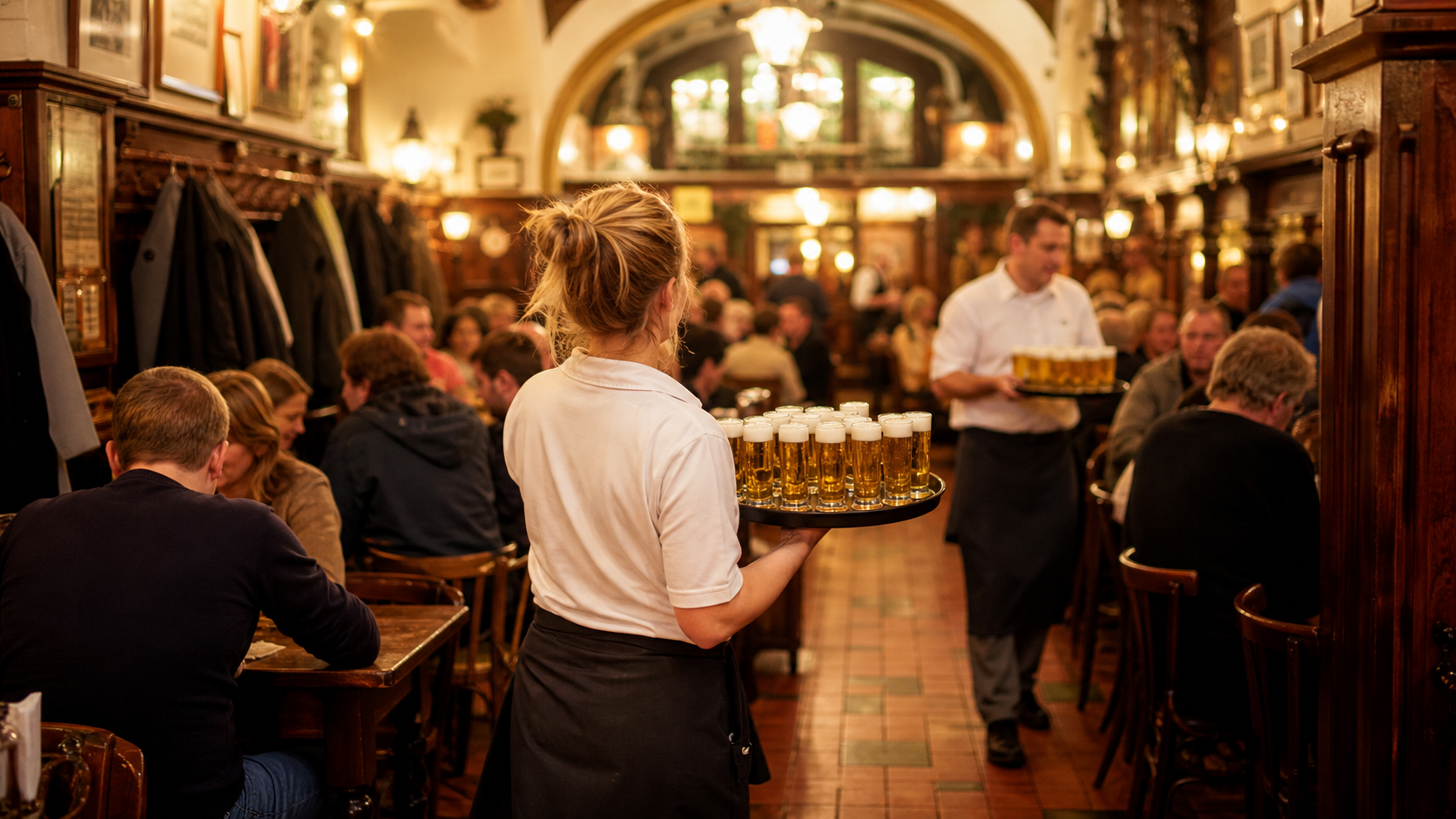 Traditional Cologne brewery serving small Kölsch beer glasses