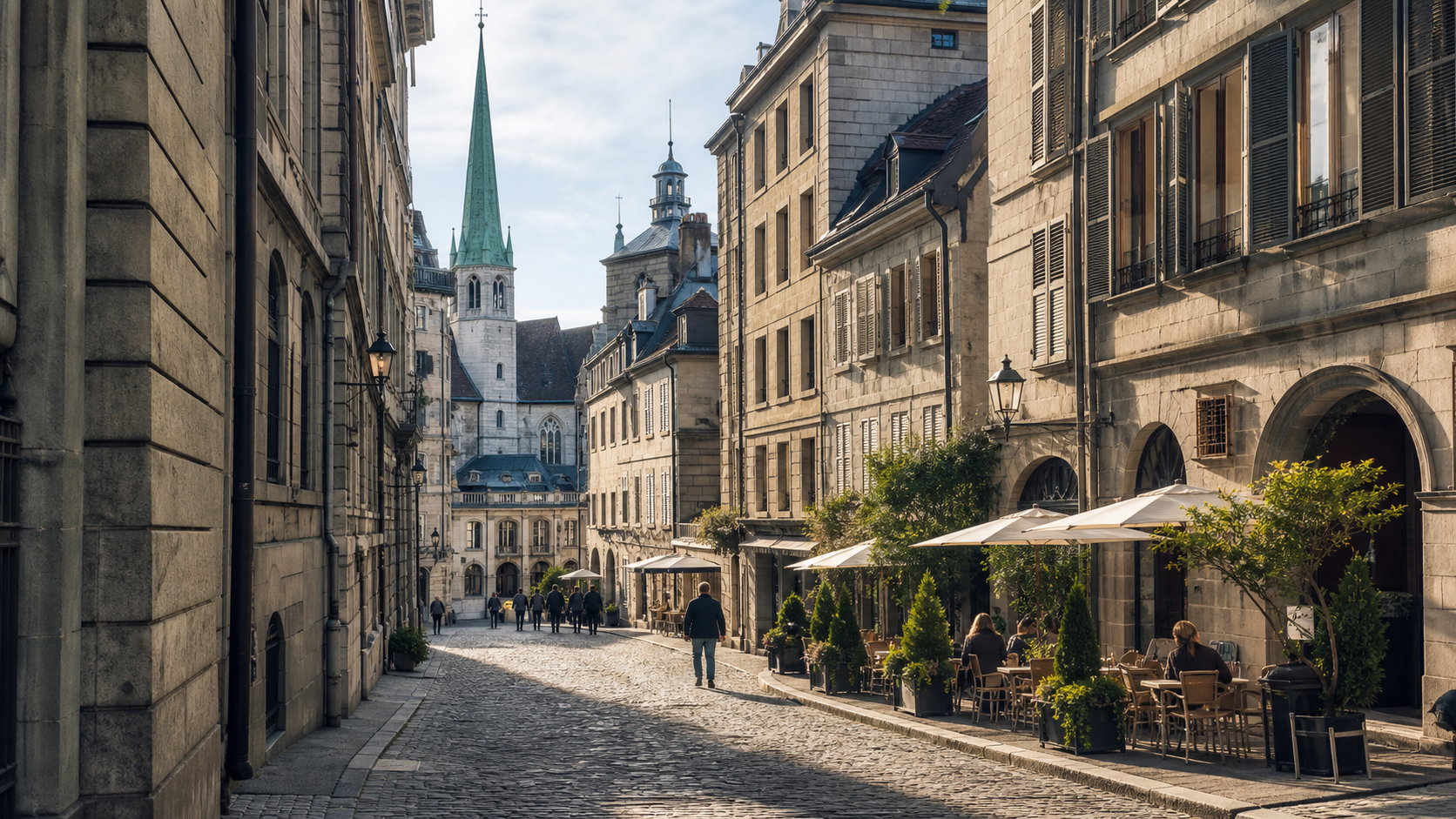 Cobbled historic street and café terraces in Geneva Old Town