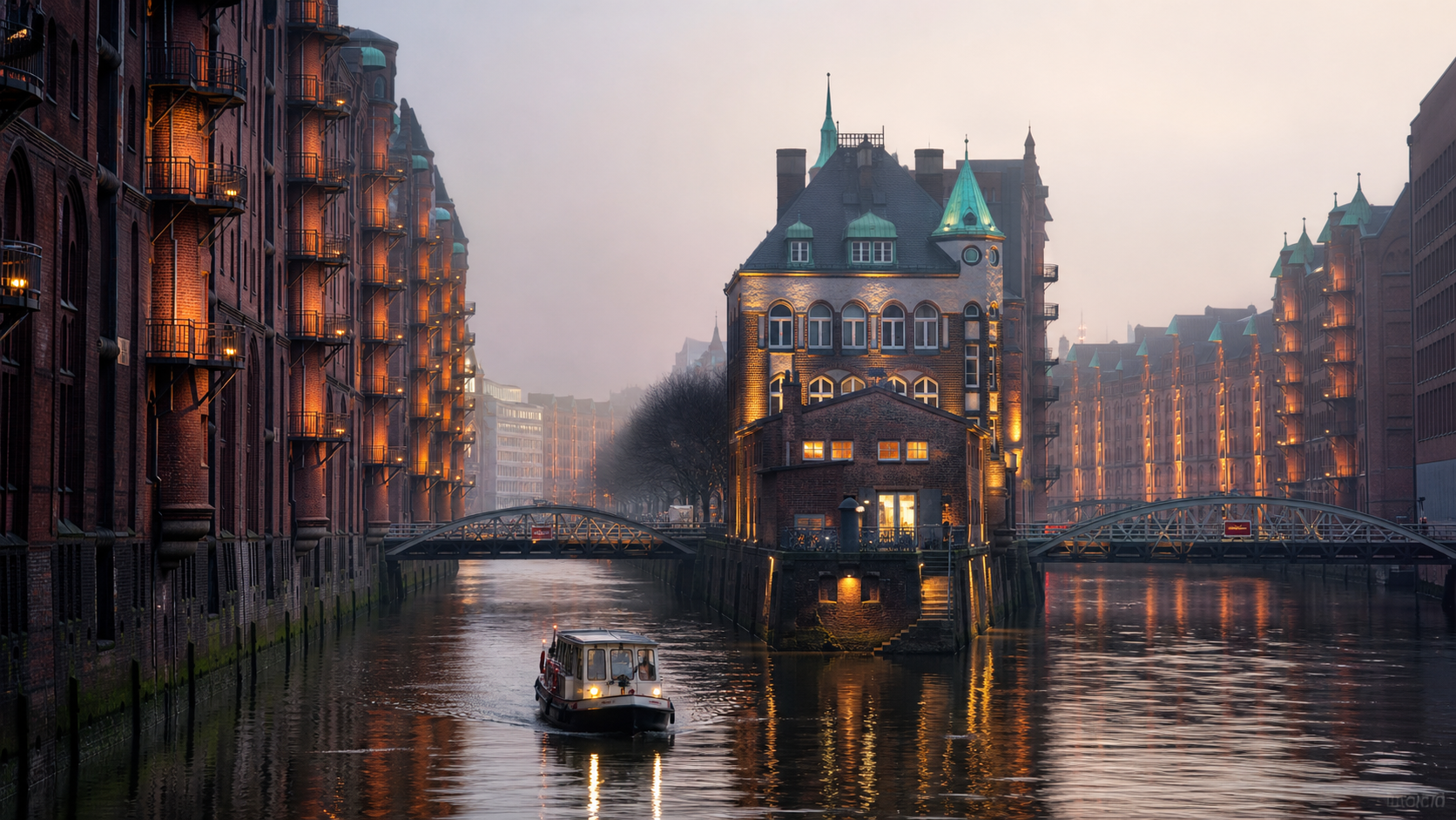 Historic red-brick warehouses and canals in Hamburg Speicherstadt