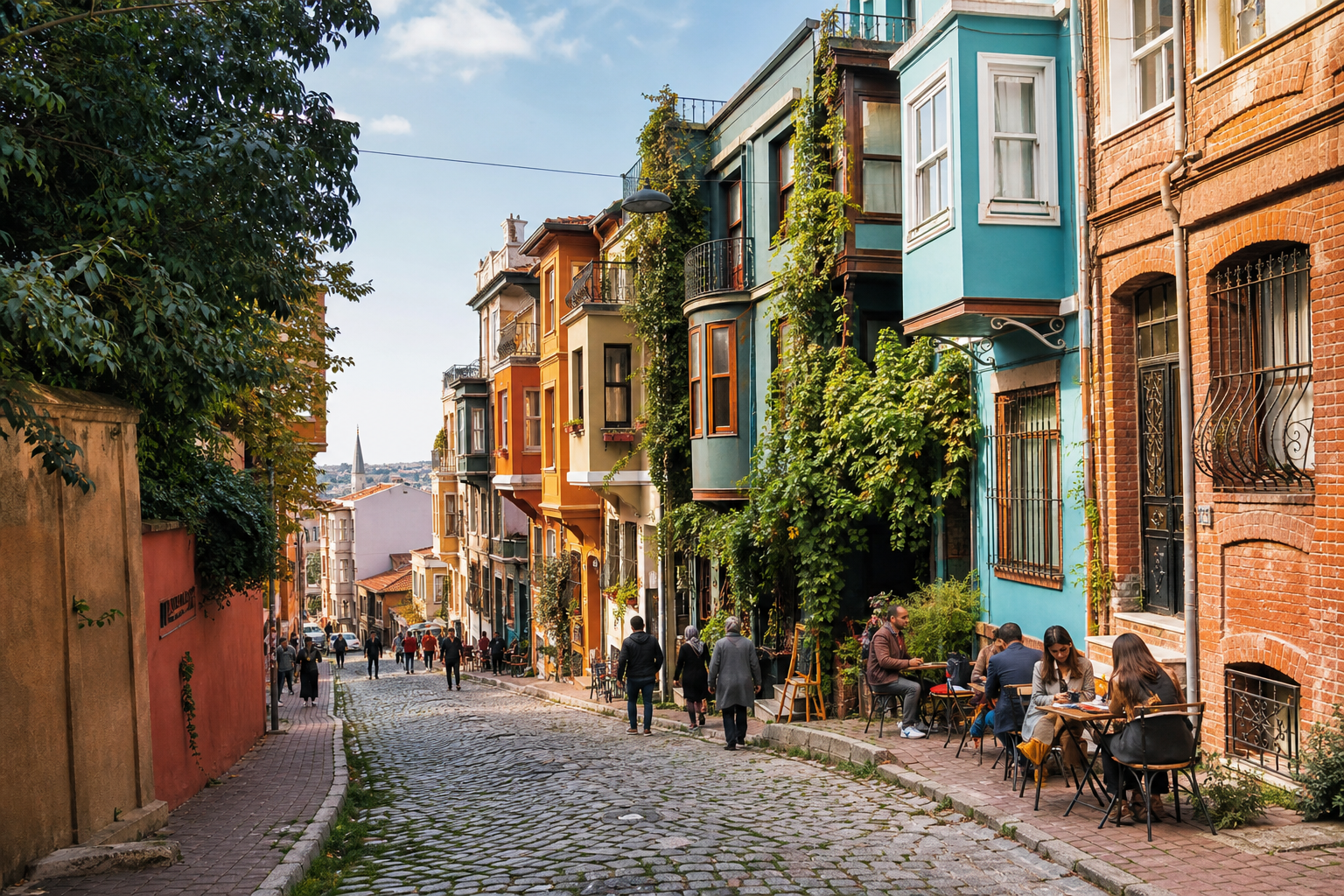 Colorful historic houses and a cobbled street in Balat, Istanbul