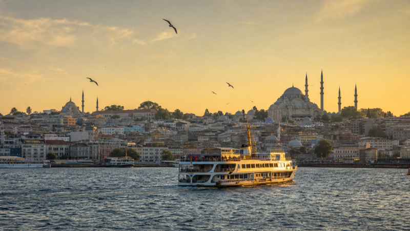 Passenger ferry crossing the Bosphorus before Istanbul's historic skyline