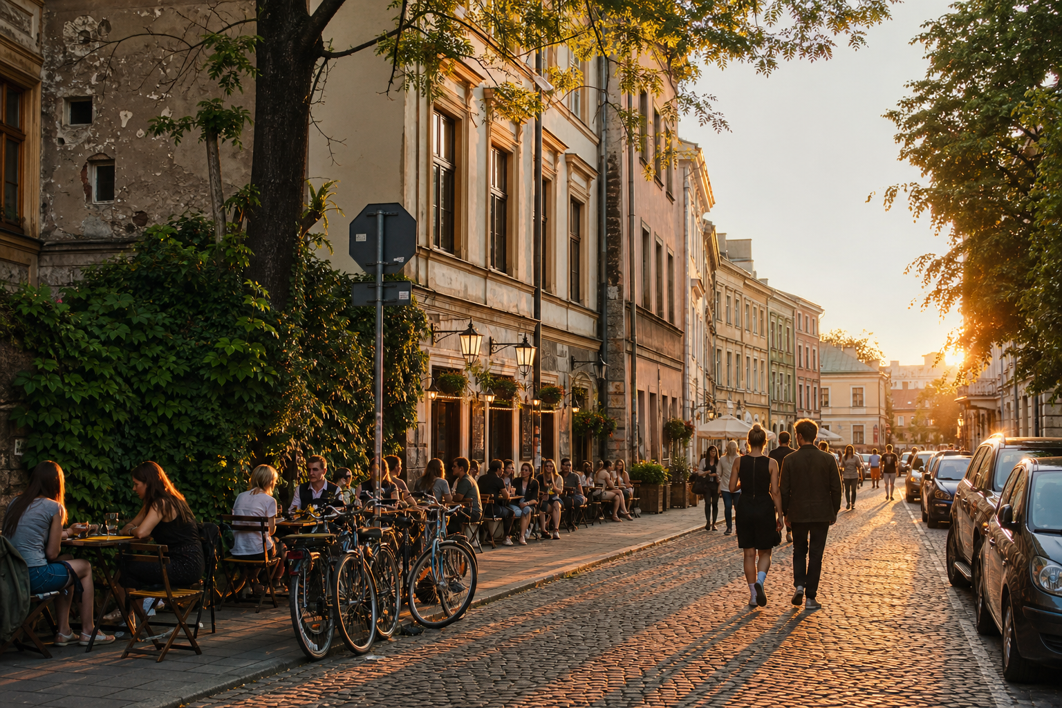 Historic street and evening café life in Kraków’s Kazimierz district