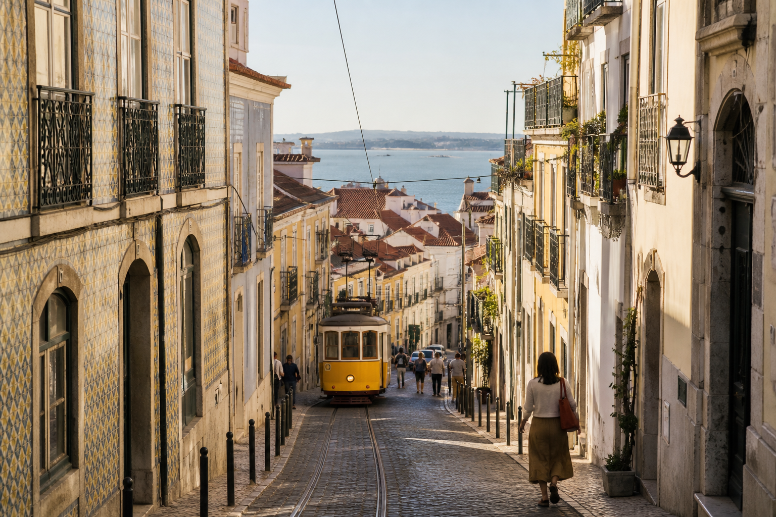 Tiled street and yellow tram in Alfama, Lisbon