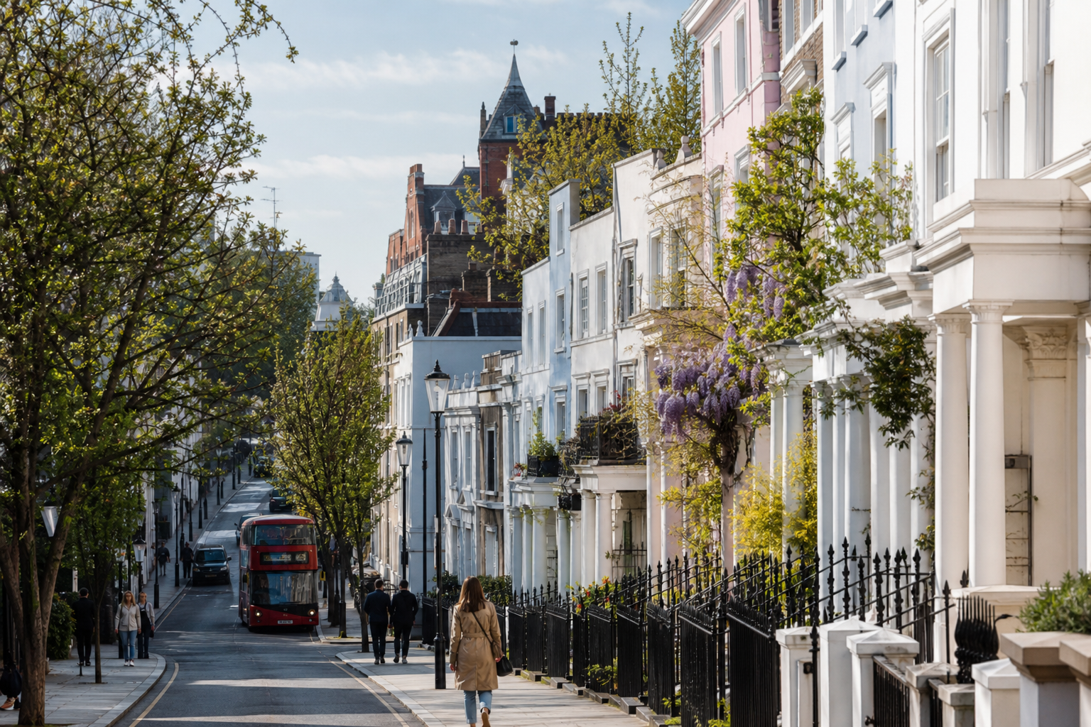 Pastel terraced houses and a red double-decker bus in Notting Hill, London