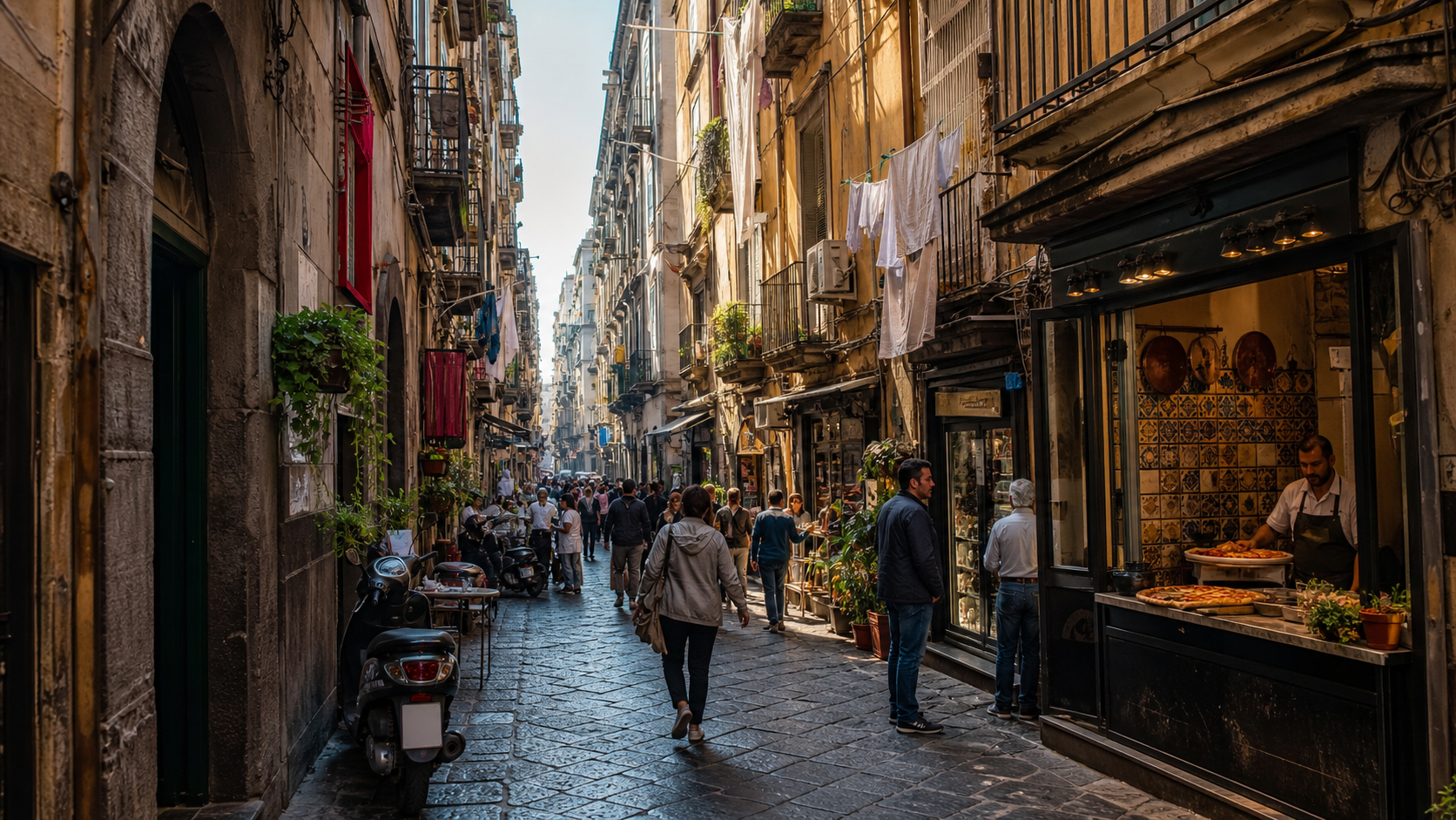 Lively historic street with pizzeria and balconies in central Naples