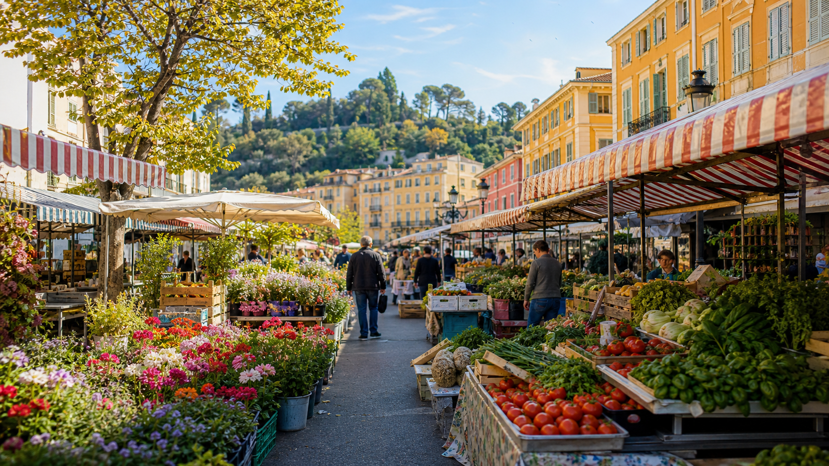 Flower and produce stalls at Cours Saleya market in Old Nice