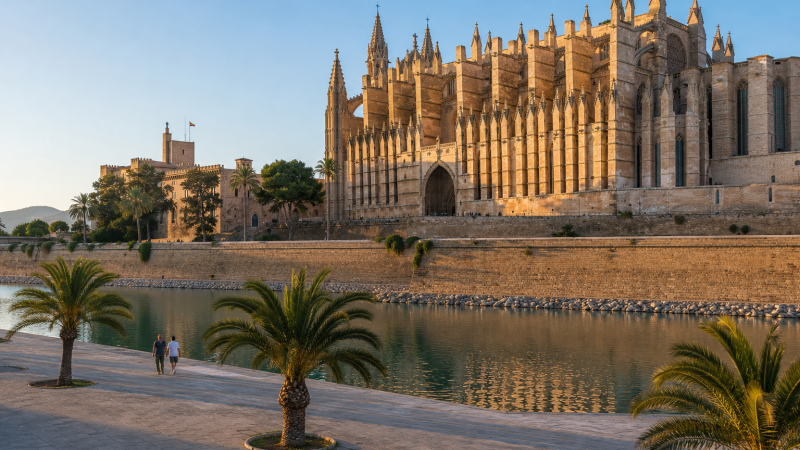 Palma Cathedral above Parc de la Mar in morning light