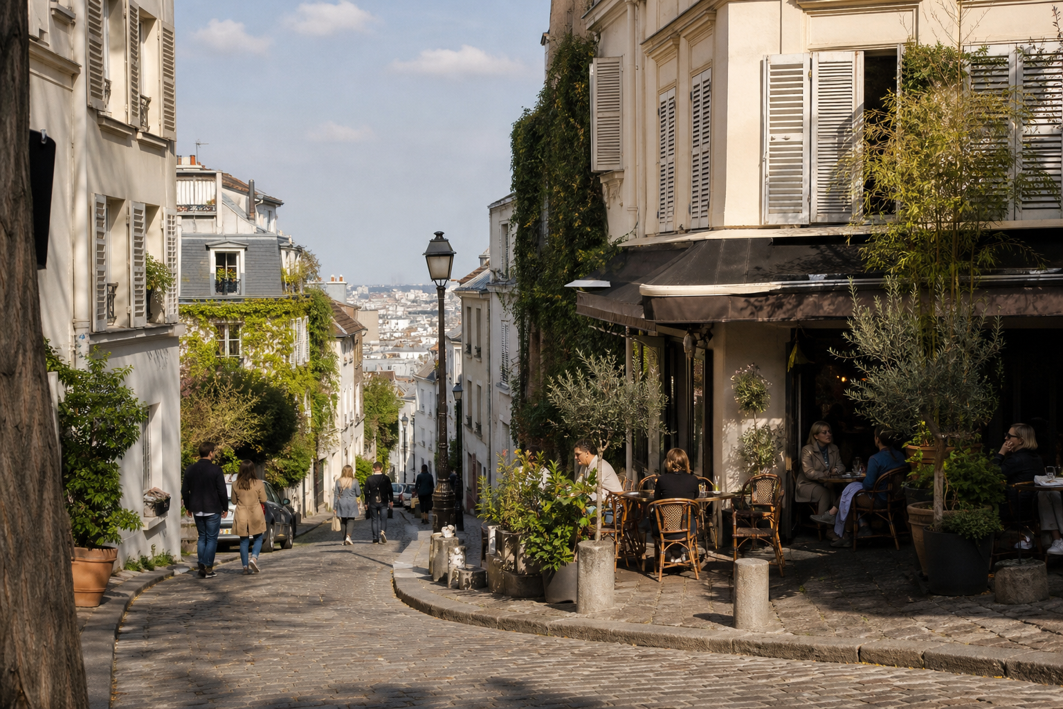 Cobbled street and cafe terrace in Montmartre, Paris
