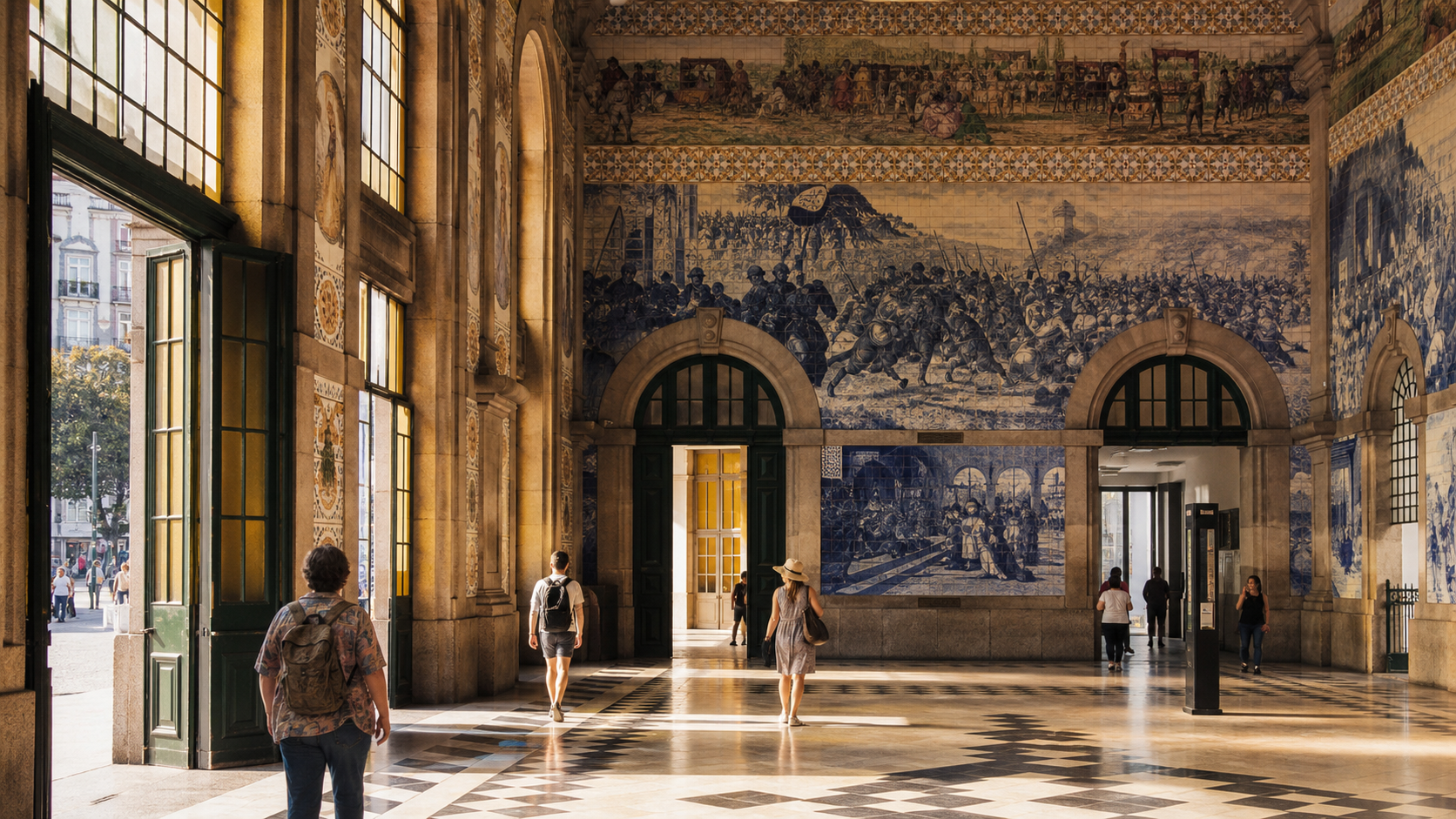 Blue and white azulejo murals inside Porto São Bento railway station
