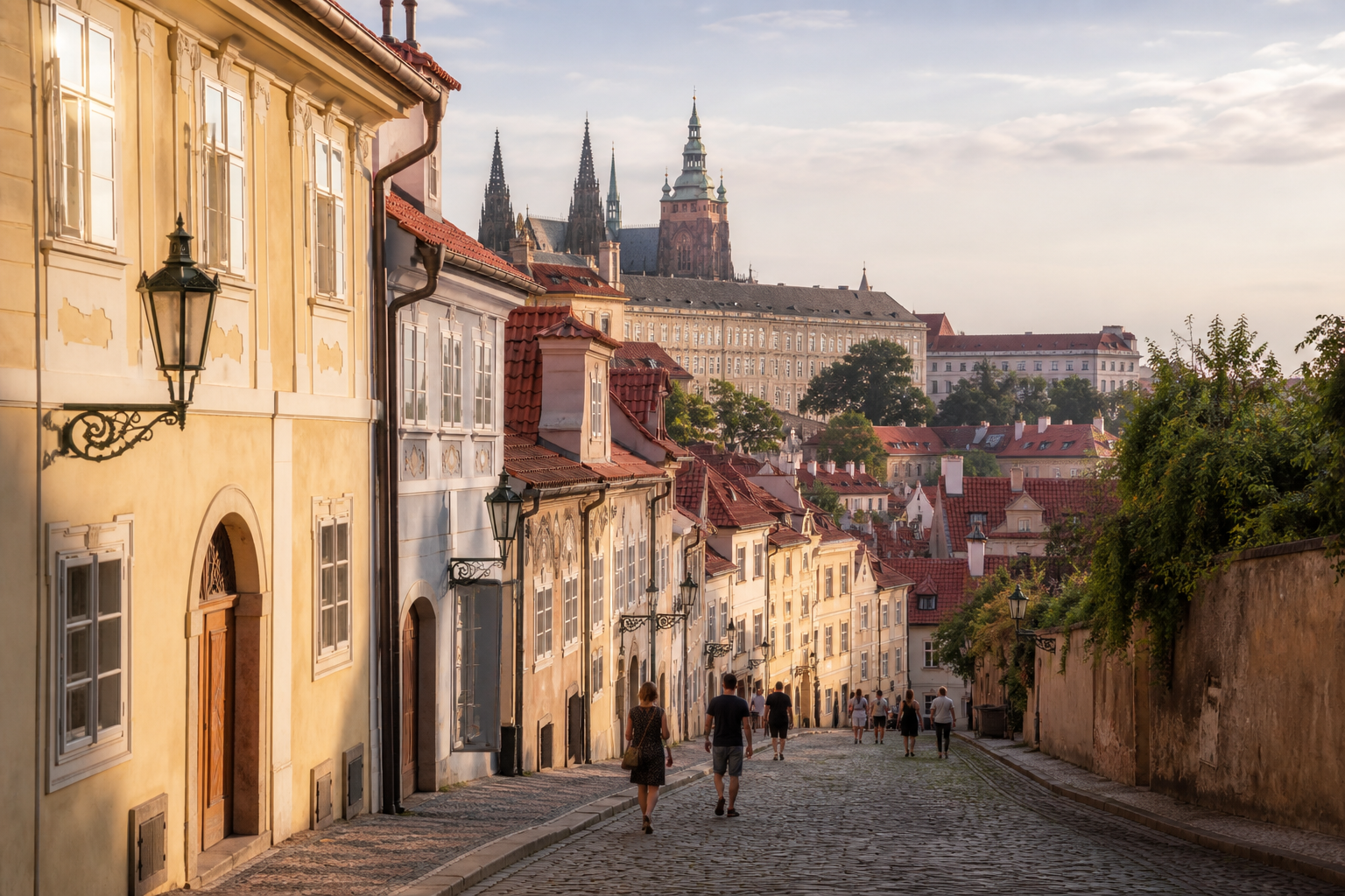 Historic cobbled street in Malá Strana, Prague