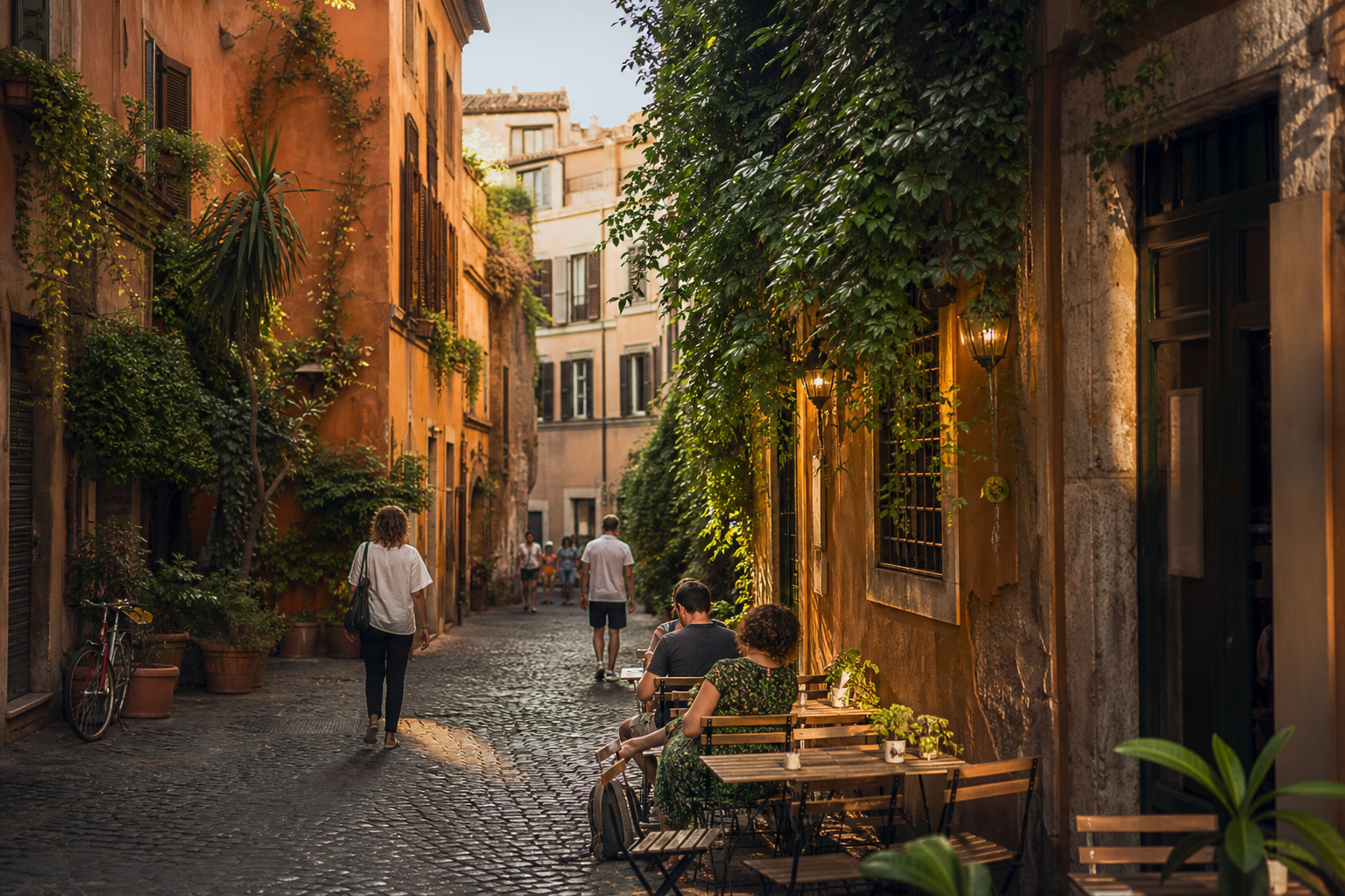 Cobbled lane with cafe tables in Trastevere, Rome
