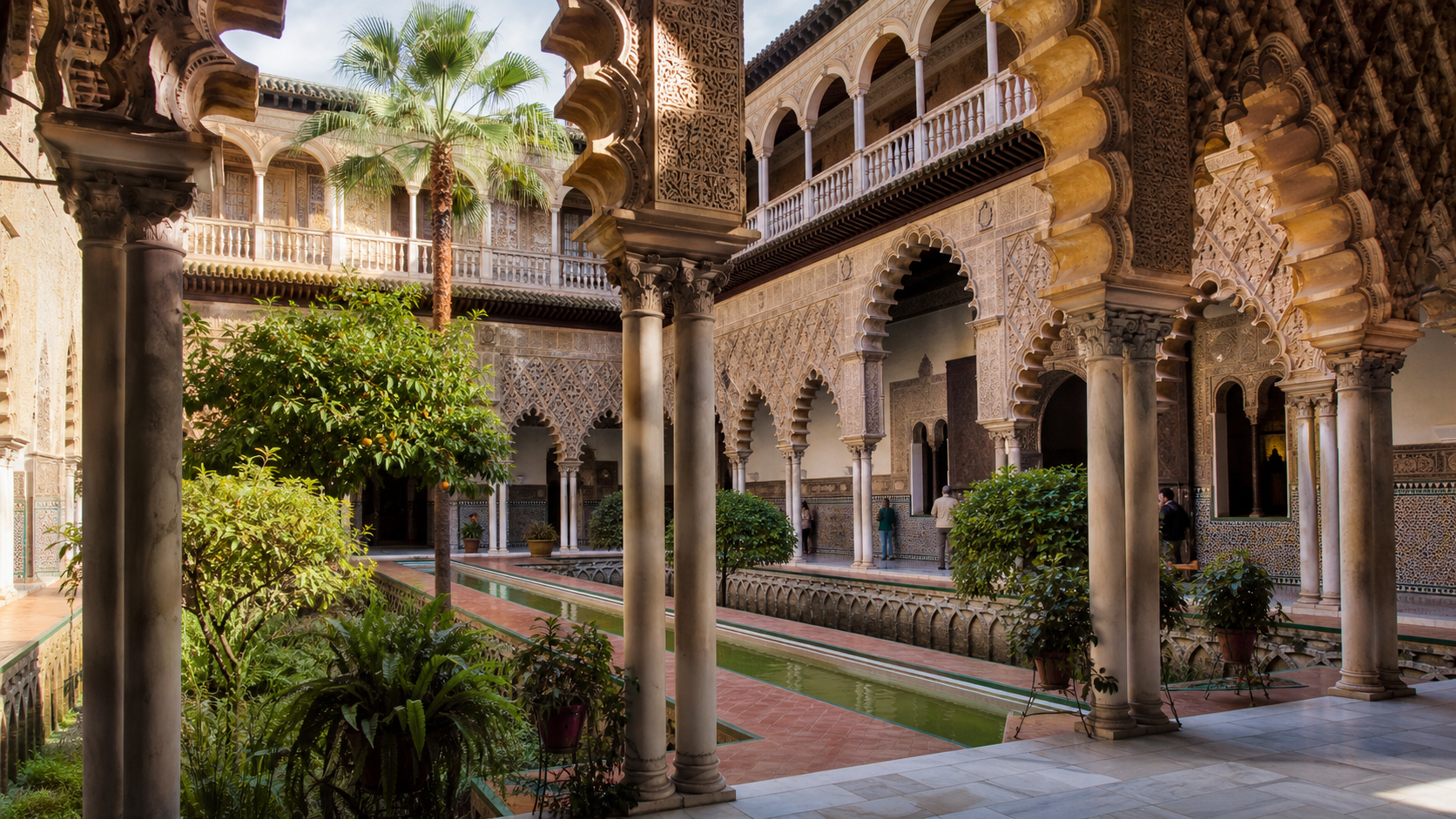 Ornate courtyard and gardens inspired by the Real Alcázar of Seville