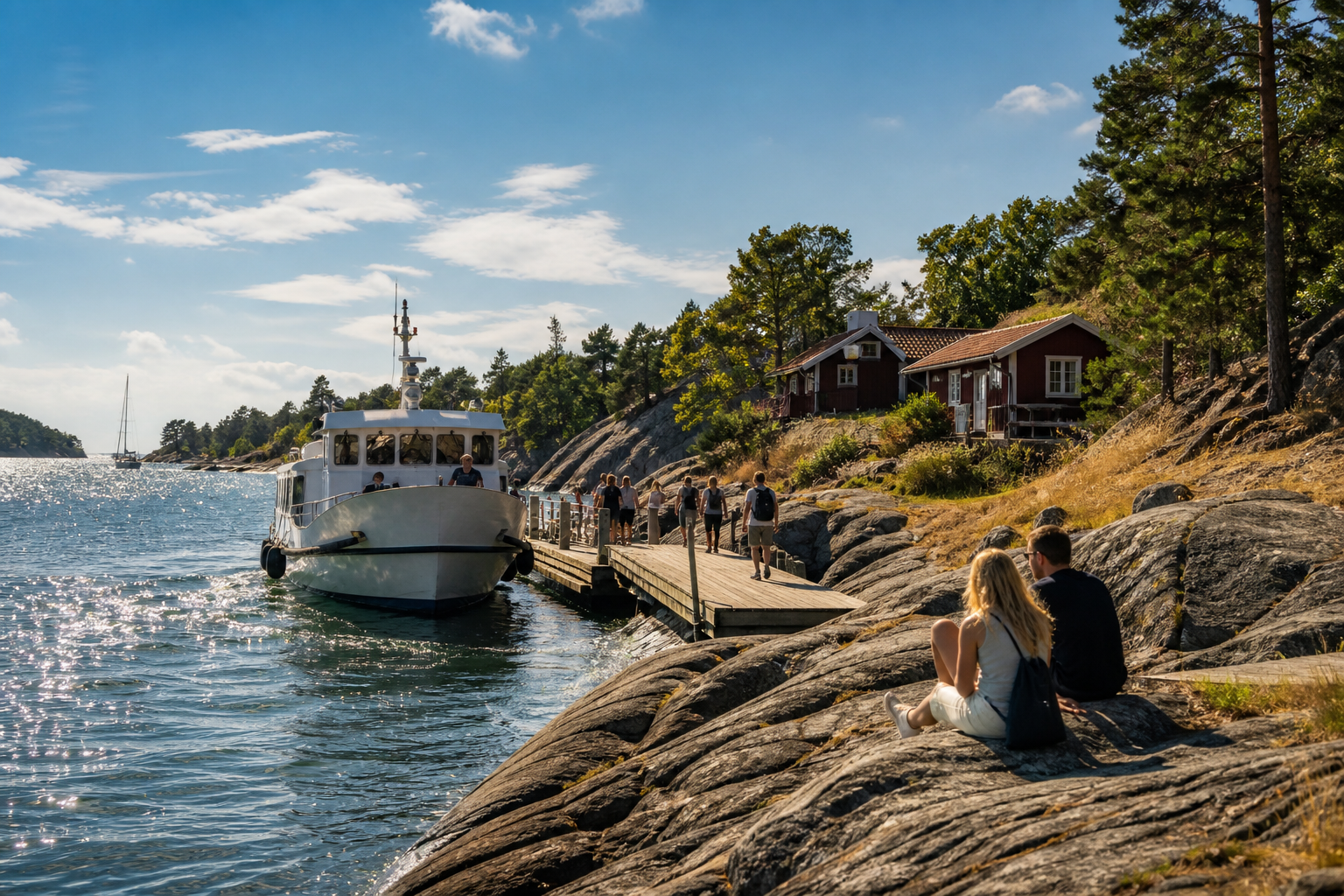 Passenger ferry arriving at a Stockholm archipelago island