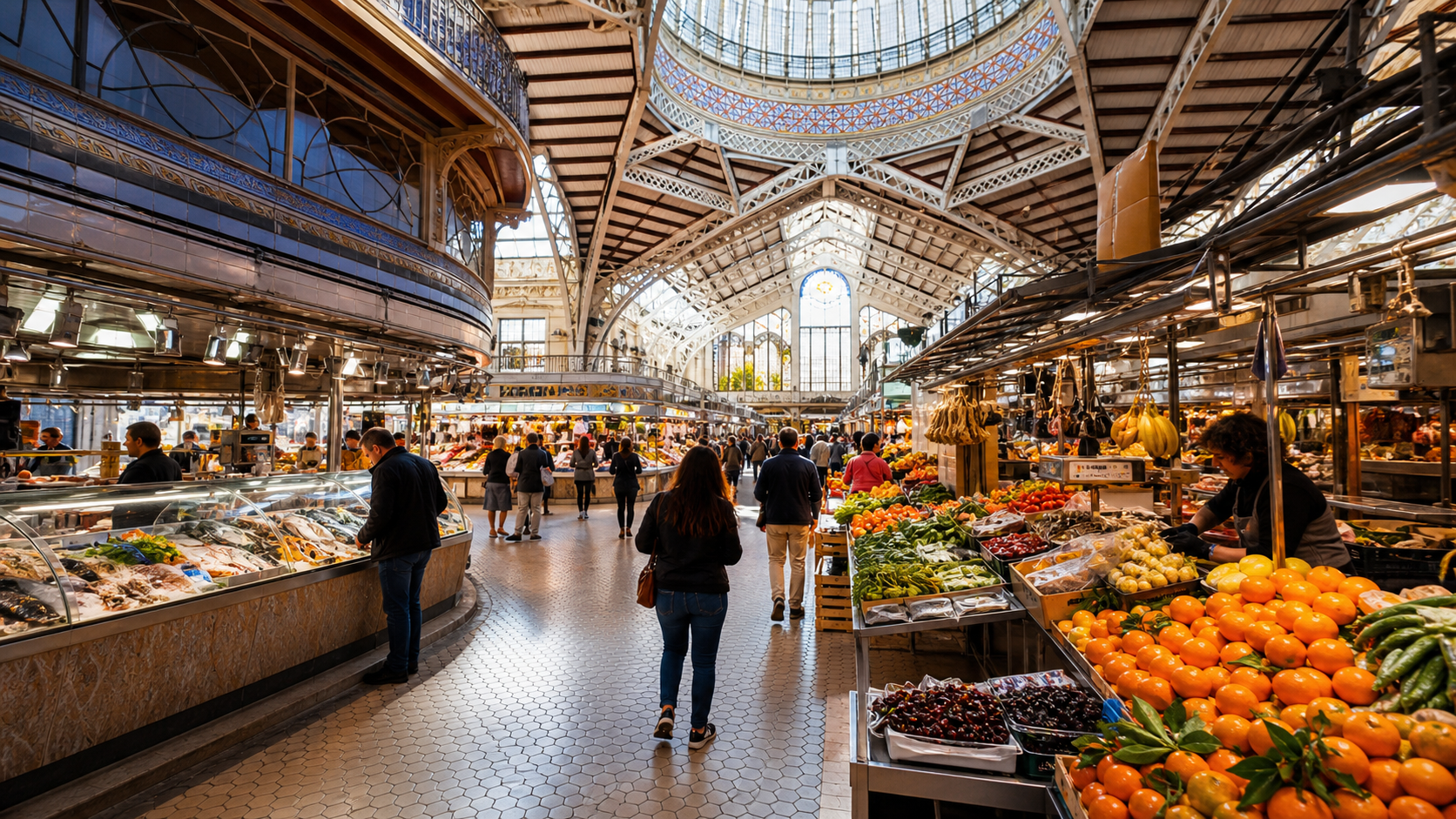 Fresh produce stalls beneath the Modernist roof of Valencia Central Market