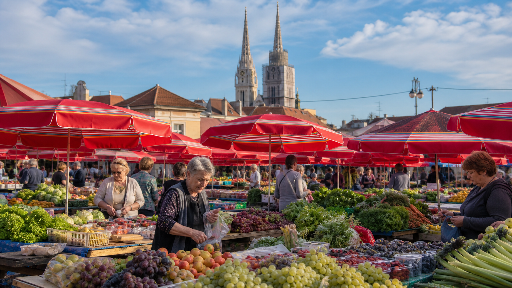 Dolac Market with red umbrellas in Zagreb