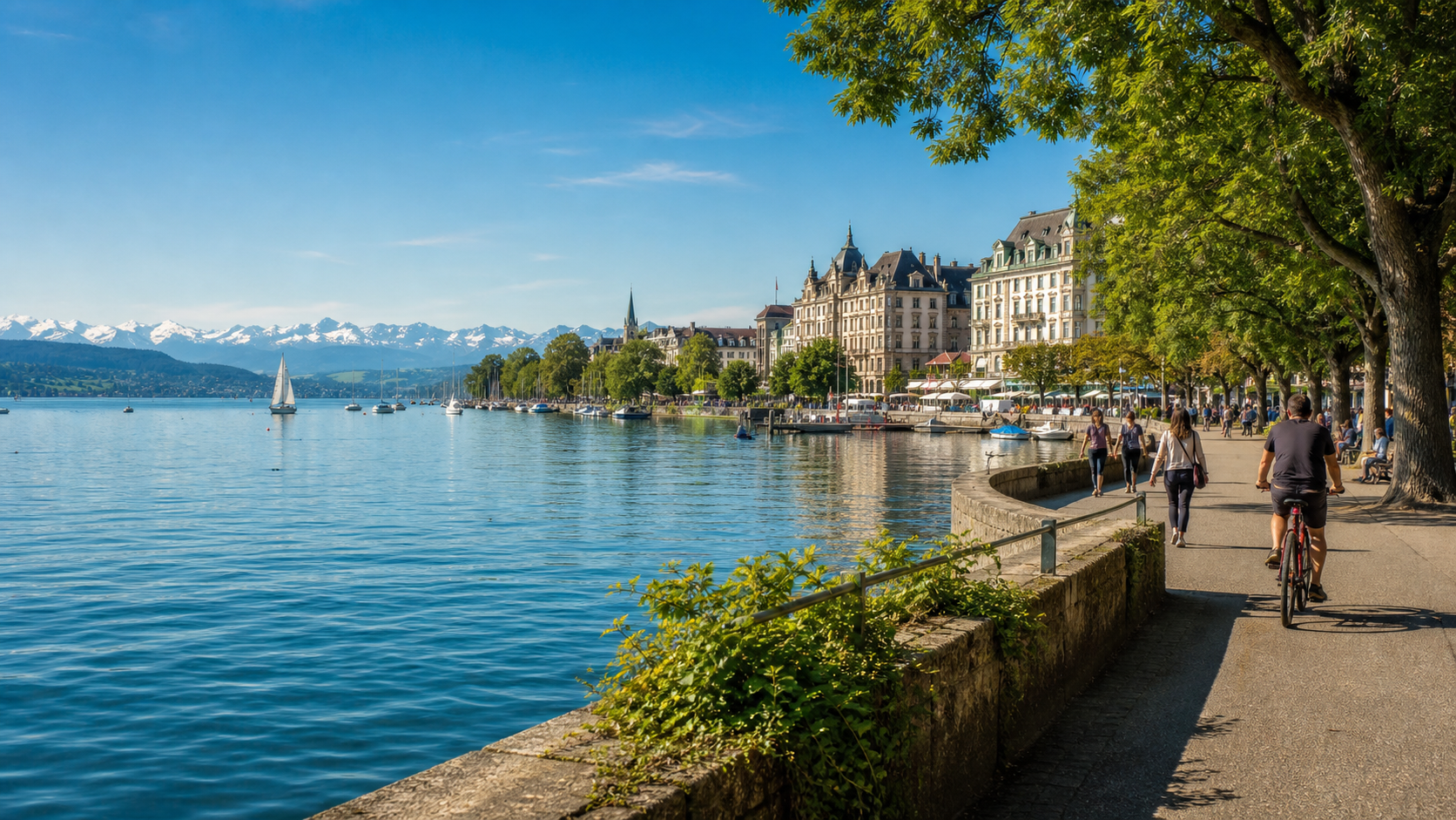 Sunny Lake Zurich promenade with sailboats and Alpine views