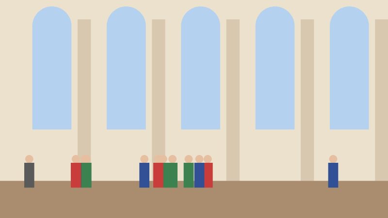 Illustration of a grand London museum hall with high arched windows, columns and visitors