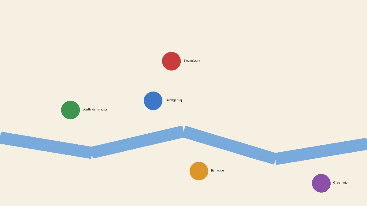 Illustrated map showing London museum clusters in Bloomsbury, Trafalgar Square, South Kensington and Bankside