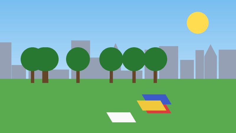 Illustration of a sunny London park with picnic blankets, trees and the city skyline in the background