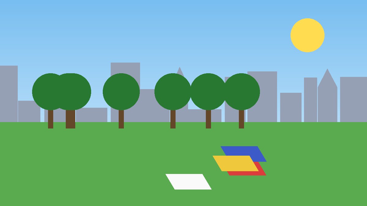 Illustration of a sunny London park with picnic blankets, trees and the city skyline in the background