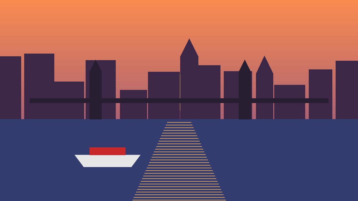 Illustration of the River Thames at sunset on a summer evening with a riverboat and London bridges
