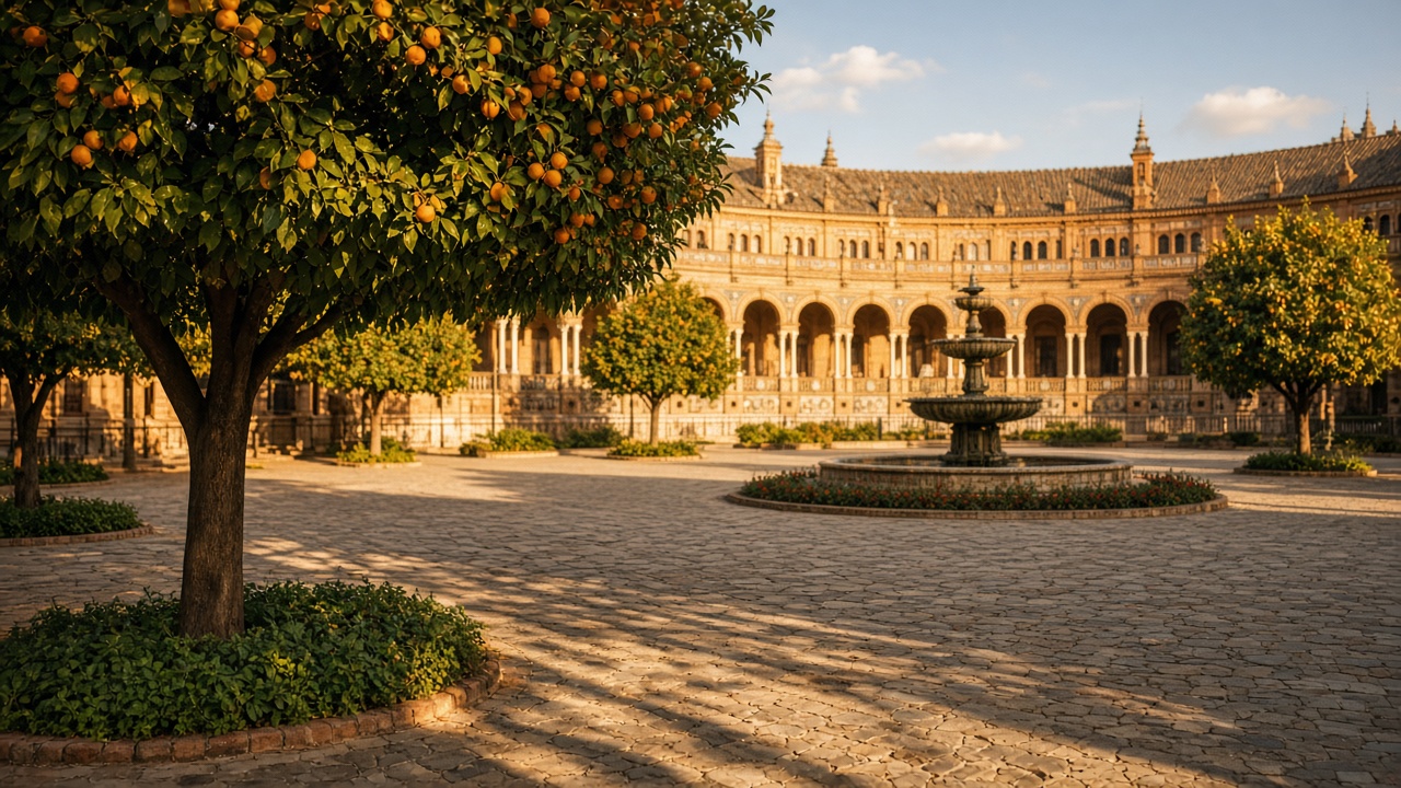 Sunlit Spanish plaza with orange trees and historic arcade