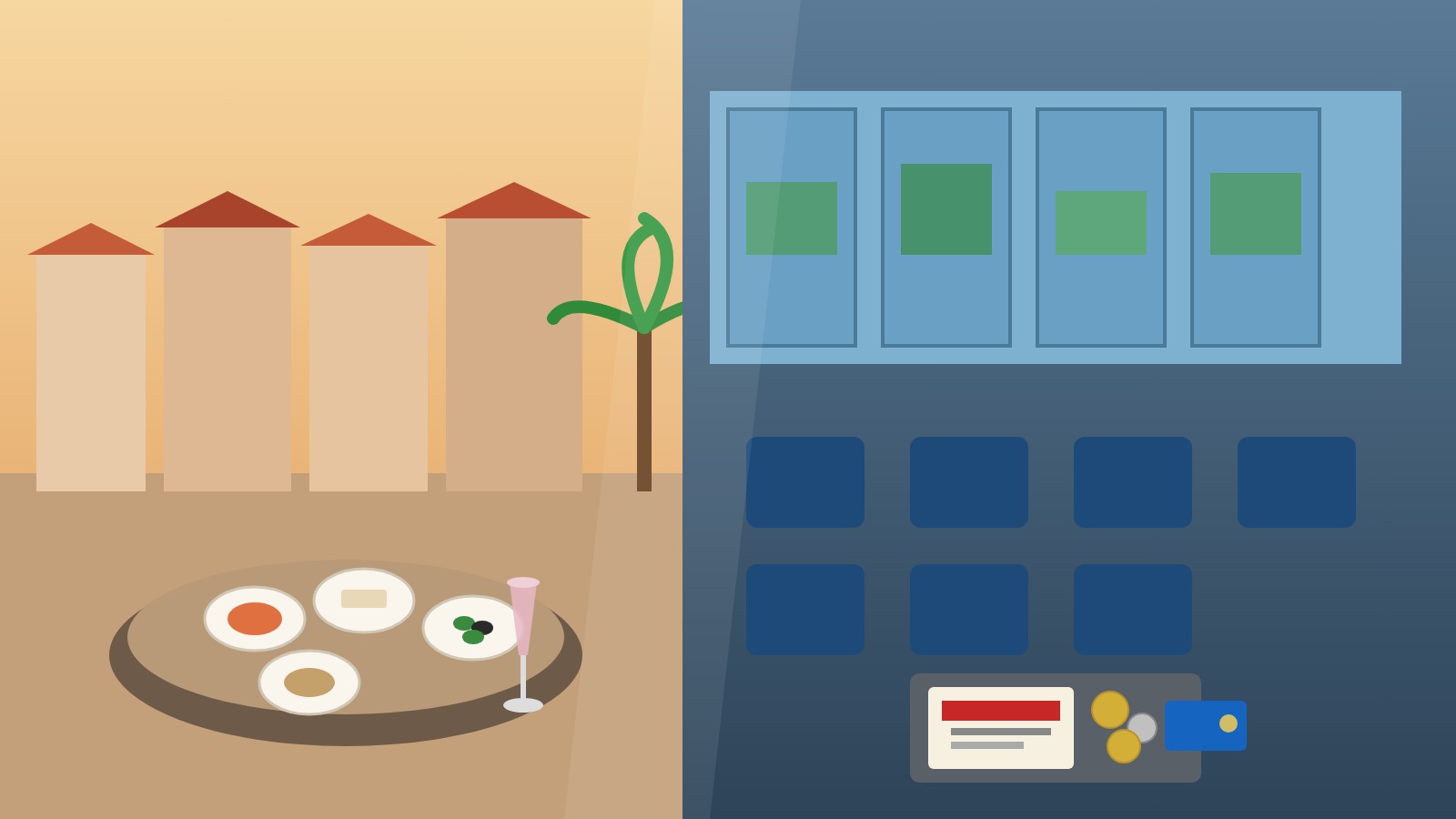 Illustration of Spanish food, a metro ticket and a train suggesting daily travel costs in Spain