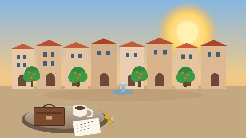 Illustration of a suitcase, euro coins and a sunny Spanish street scene suggesting travel budget planning